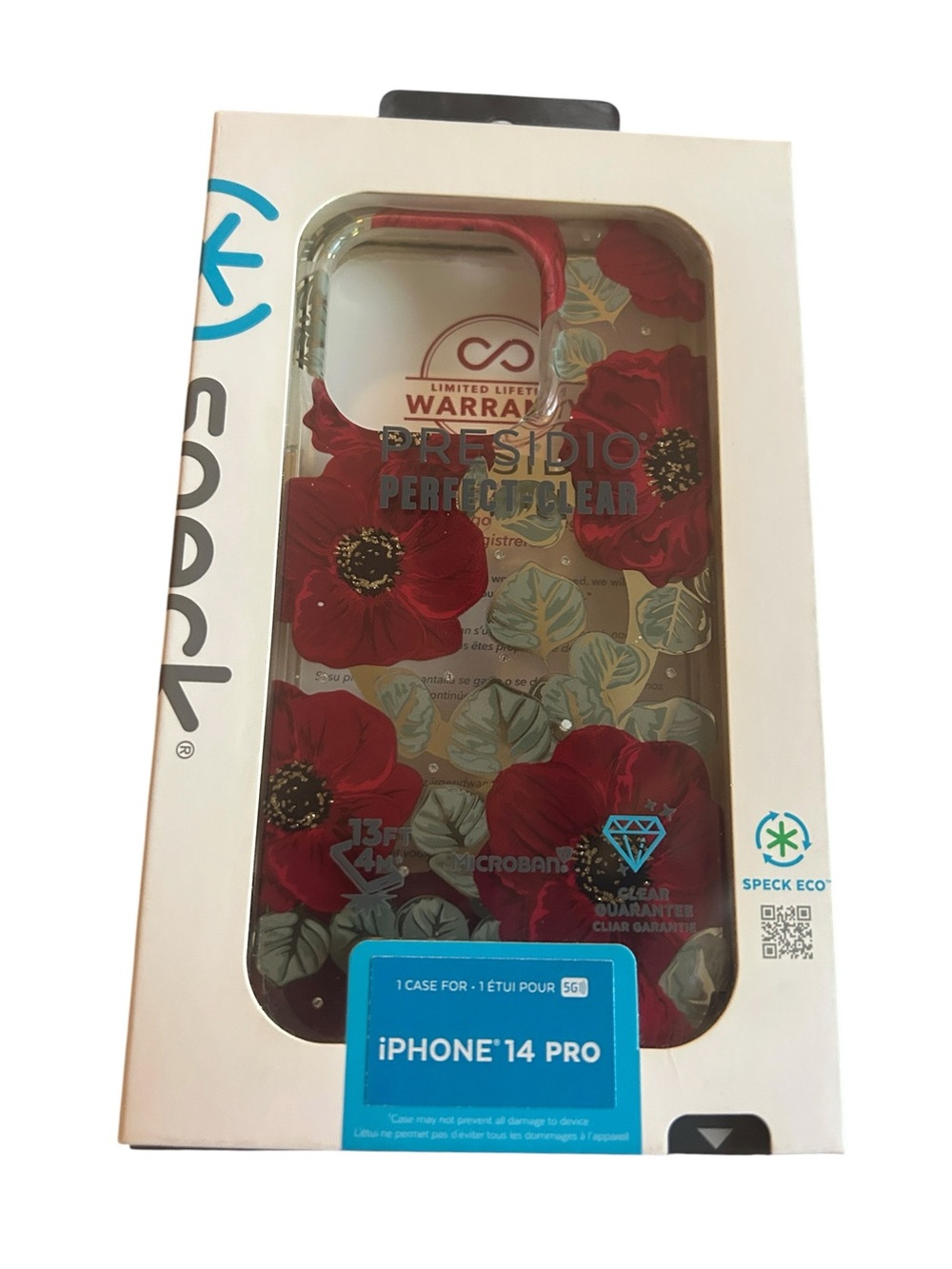 Speck Presidio Perfect-Clear iPhone 14 Pro Case Floral Red Poppy Clear Protectiv